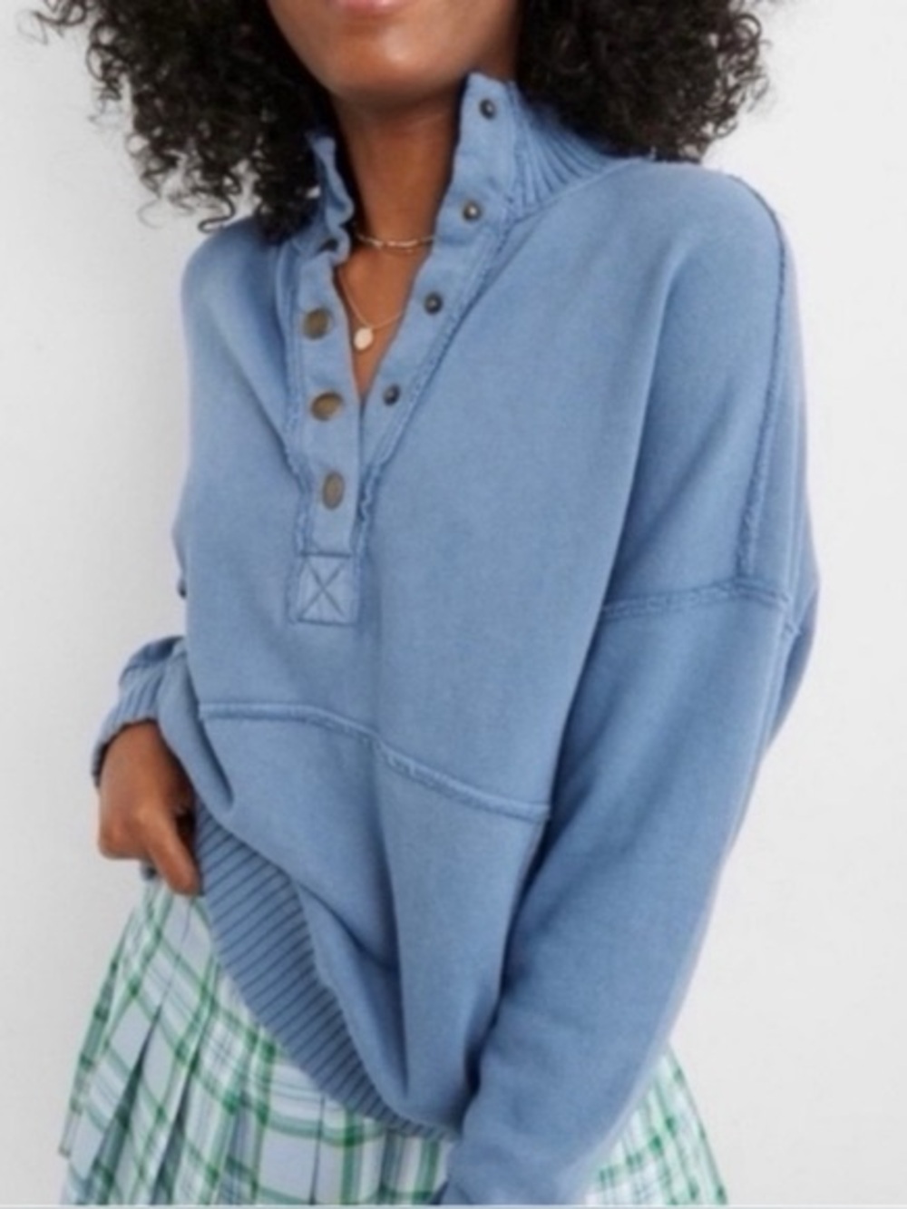 Aerie Oh Snap Weekend Henley in Blue Size Large Sweatshirt pullover